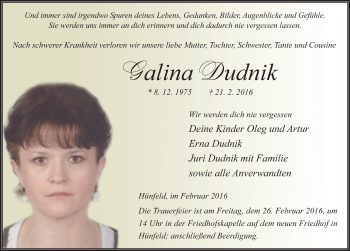 Traueranzeige von Galina Dudnik 