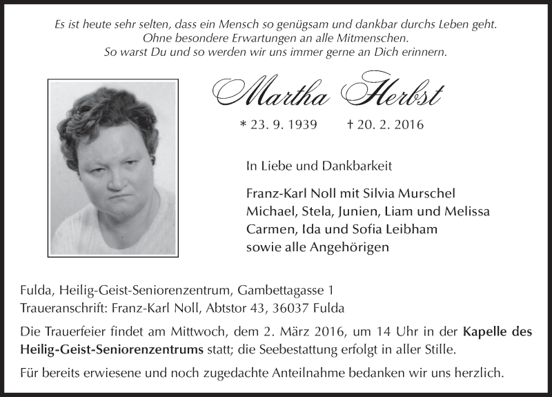 Traueranzeige für Martha Herbst vom 27.02.2016 aus 