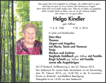 Traueranzeige von Helga Kindler 