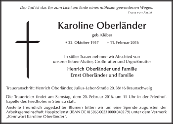 Traueranzeige von Karoline Oberländer 