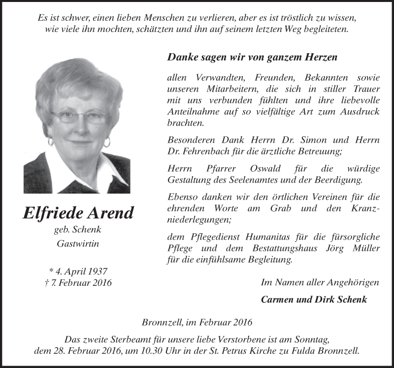  Traueranzeige für Elfriede Arend vom 26.02.2016 aus 