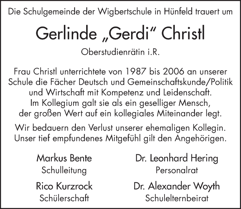  Traueranzeige für Gerlinde Christl vom 22.02.2016 aus 