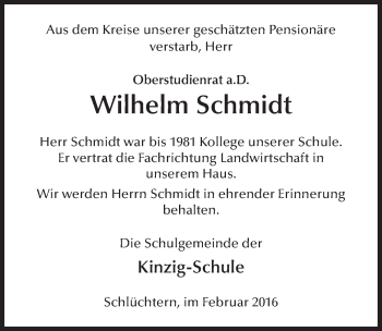 Traueranzeige von Wilhelm Schmidt 