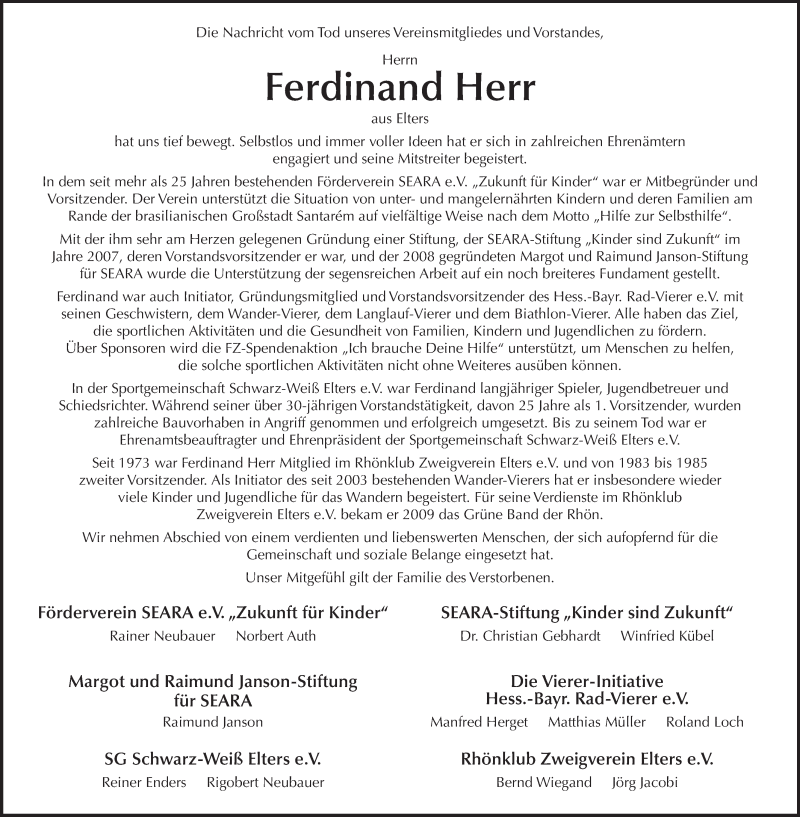  Traueranzeige für Ferdinand Herr vom 11.02.2016 aus 