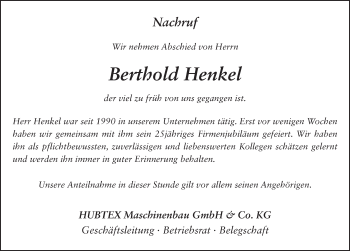 Traueranzeige von Berthold Henkel 