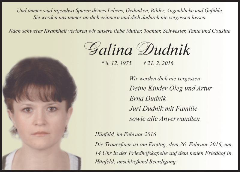  Traueranzeige für Galina Dudnik vom 25.02.2016 aus 