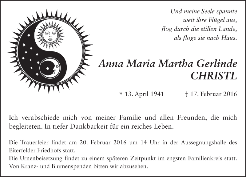  Traueranzeige für Gerlinde Christl vom 19.02.2016 aus 