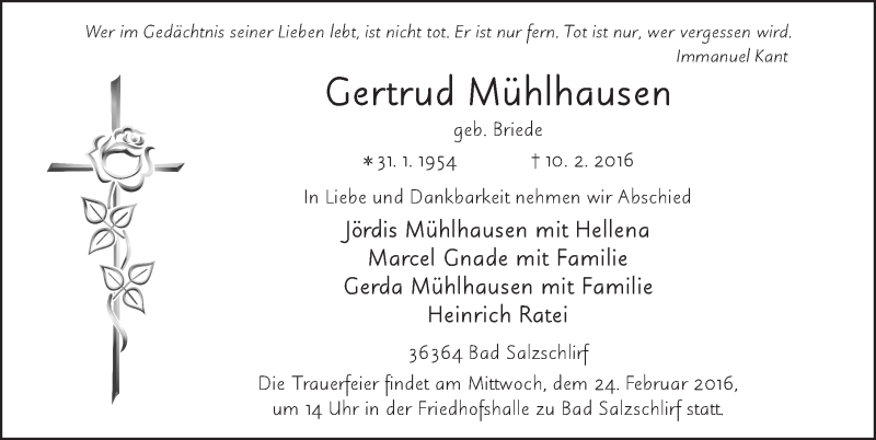  Traueranzeige für Gertrud Mühlhausen vom 22.02.2016 aus 
