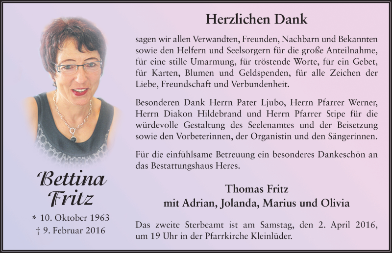  Traueranzeige für Bettina Fritz vom 26.03.2016 aus 