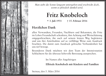 Traueranzeige von Fritz Knobeloch 
