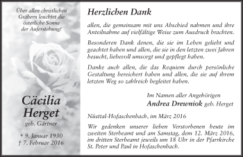 Traueranzeige von Cäcilia Herget 