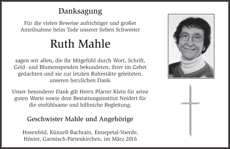  Traueranzeige für Ruth Mahle vom 05.03.2016 aus 