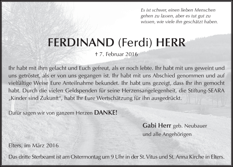  Traueranzeige für Ferdinand Herr vom 24.03.2016 aus 