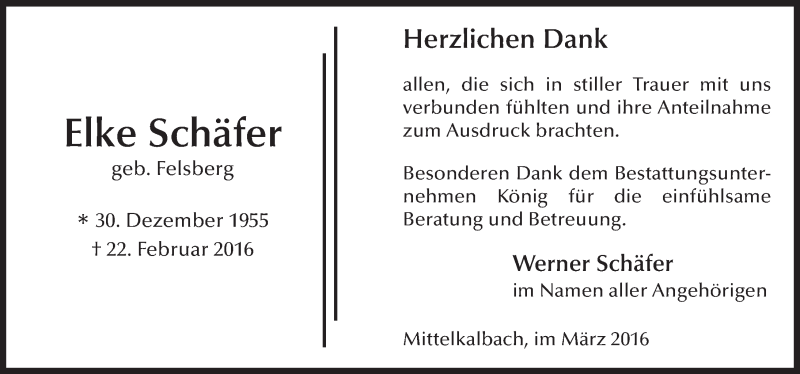  Traueranzeige für Elke Schäfer vom 24.03.2016 aus 