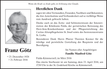 Traueranzeige von Franz Götz 