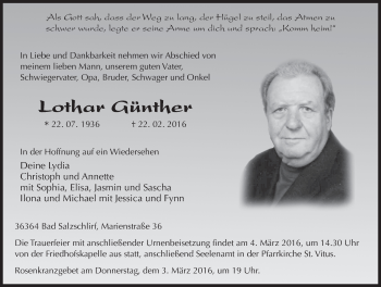 Traueranzeige von Lothar Günther 