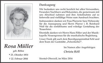 Traueranzeige von Rosa Müller 