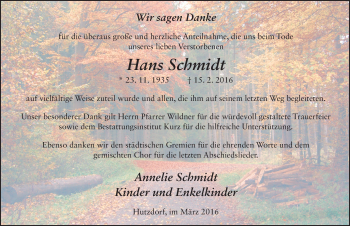 Traueranzeige von Hans Schmidt 