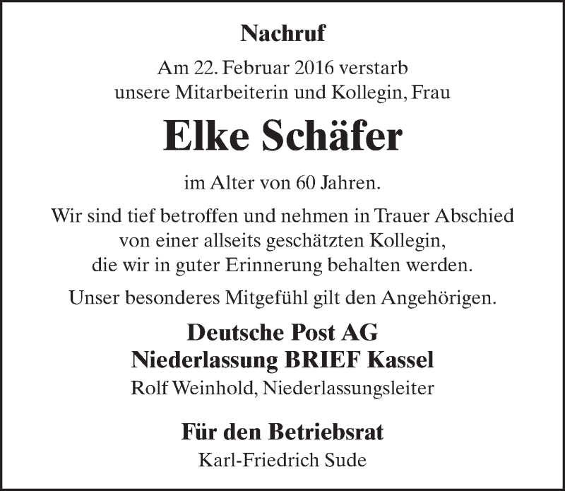  Traueranzeige für Elke Schäfer vom 01.03.2016 aus 