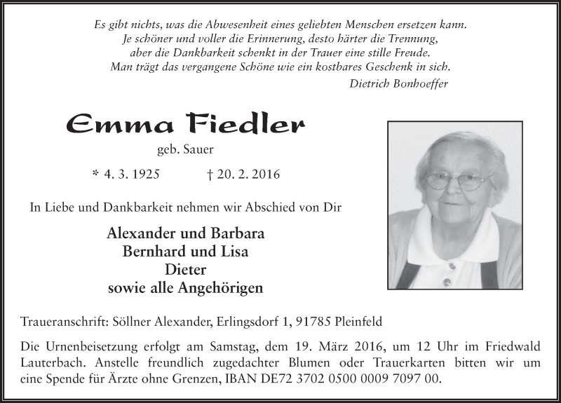  Traueranzeige für Emma Fiedler vom 17.03.2016 aus 