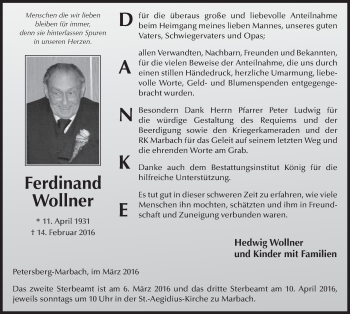 Traueranzeige von Ferdinand Wollner 
