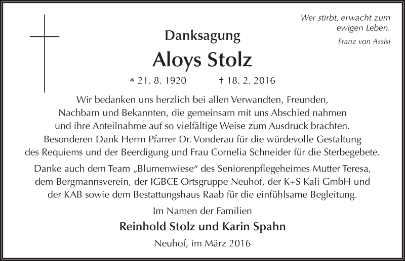  Traueranzeige für Aloys Stolz vom 24.03.2016 aus 