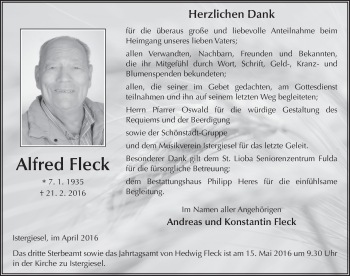 Traueranzeige von Alfred Fleck 
