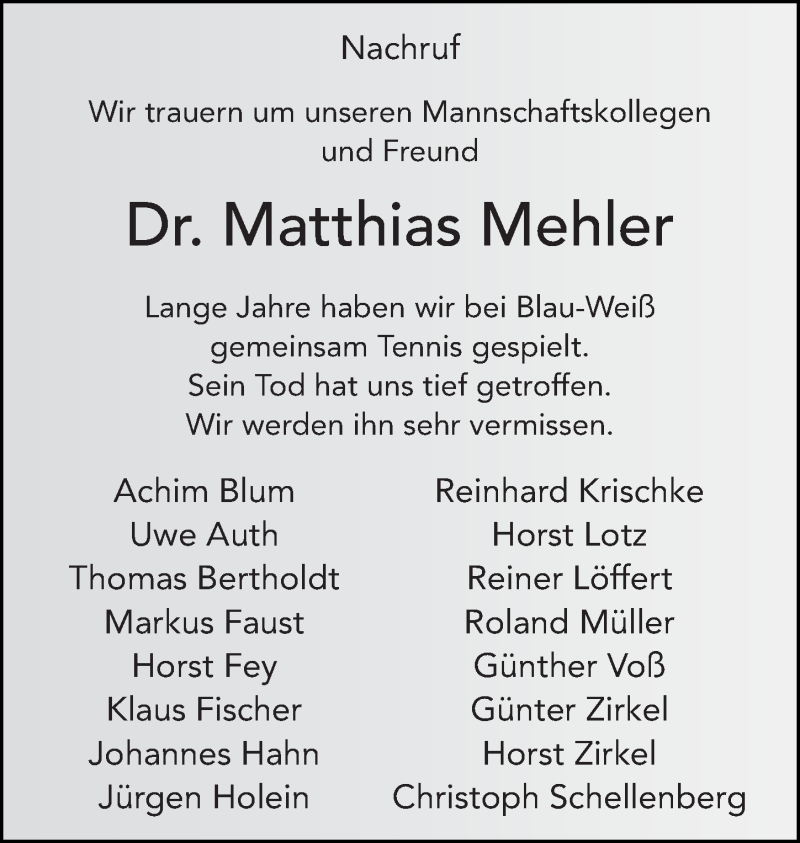  Traueranzeige für Matthias Mehler vom 22.04.2016 aus 