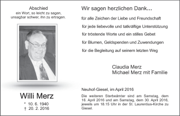 Traueranzeige von Willi Merz 