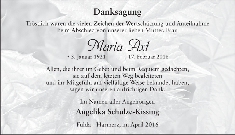  Traueranzeige für Maria Axt vom 01.04.2016 aus 