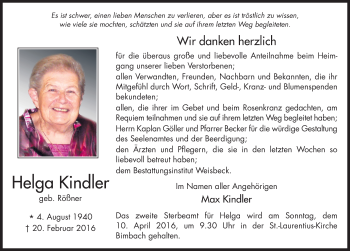 Traueranzeige von Helga Kindler 