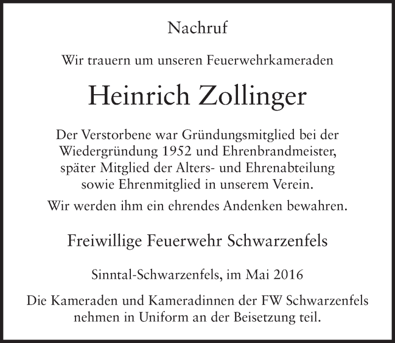  Traueranzeige für Heinrich Zollinger vom 10.05.2016 aus 