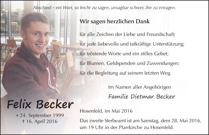  Traueranzeige für Felix Becker vom 27.05.2016 aus 