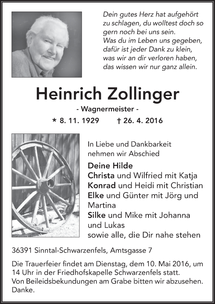  Traueranzeige für Heinrich Zollinger vom 06.05.2016 aus 