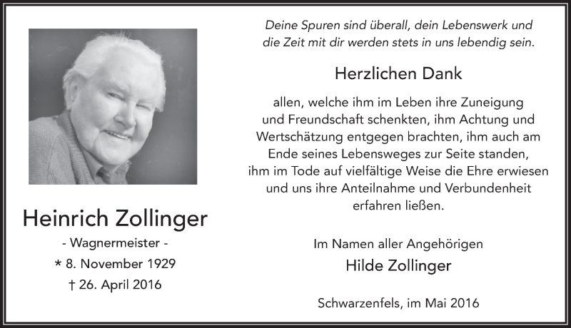  Traueranzeige für Heinrich Zollinger vom 28.05.2016 aus 