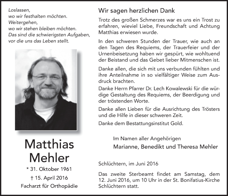  Traueranzeige für Matthias Mehler vom 04.06.2016 aus 