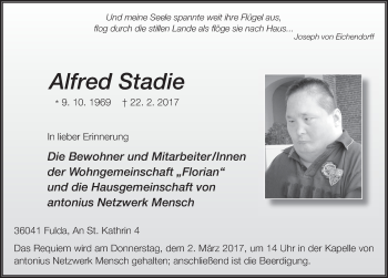 Traueranzeige von Alfred Stadie 