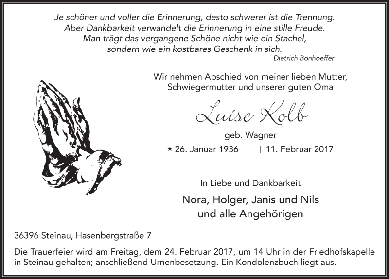  Traueranzeige für Luise Kolb vom 18.02.2017 aus 