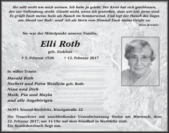 Traueranzeige von Elli Roth 