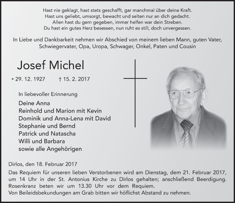  Traueranzeige für Josef Michel vom 18.02.2017 aus 