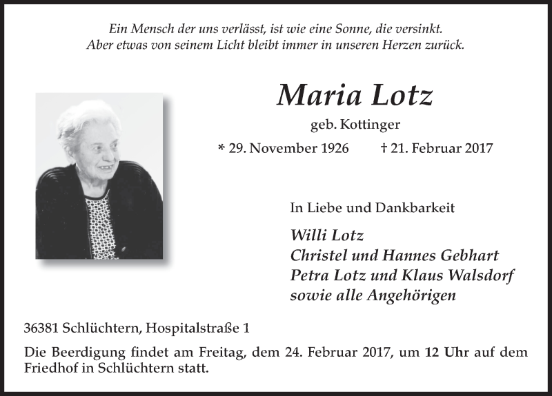  Traueranzeige für Maria Lotz vom 23.02.2017 aus 