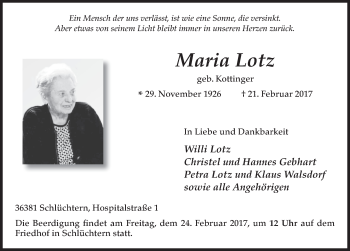 Traueranzeige von Maria Lotz 