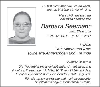 Traueranzeige von Barbara Seemann 