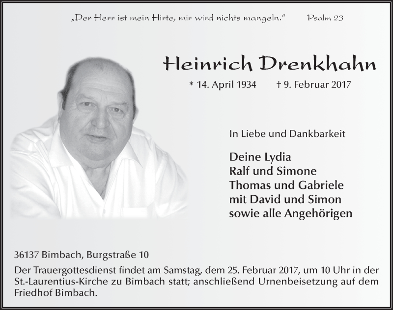  Traueranzeige für Heinrich Drenkhahn vom 22.02.2017 aus 
