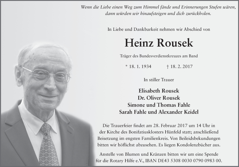  Traueranzeige für Heinz Rousek vom 23.02.2017 aus 