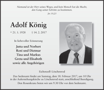 Traueranzeige von Adolf König 