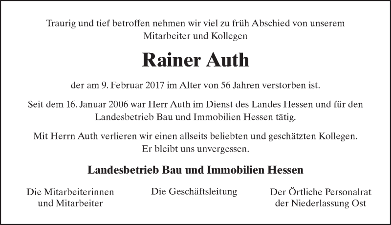  Traueranzeige für Rainer Auth vom 18.02.2017 aus 