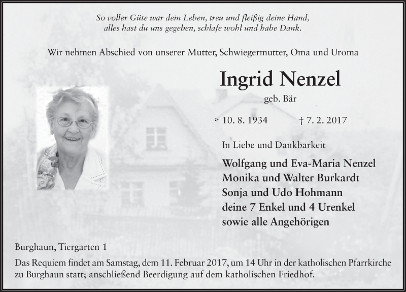  Traueranzeige für Ingrid Nenzel vom 09.02.2017 aus 