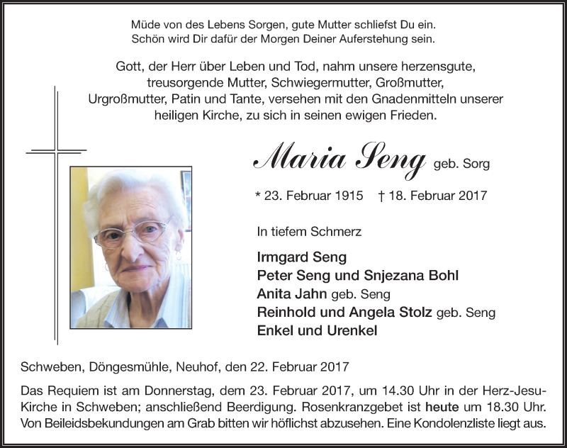  Traueranzeige für Maria Seng vom 22.02.2017 aus 