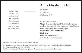 Traueranzeige von Anna Elisabeth Klee 